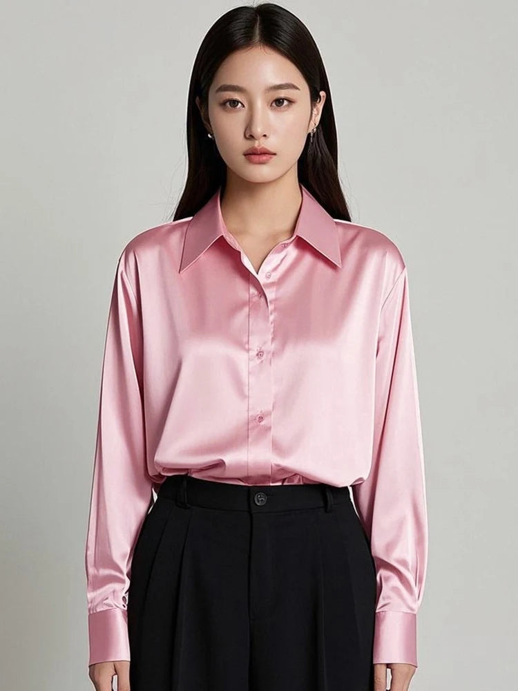 Women Satin Office Blouse Shirt