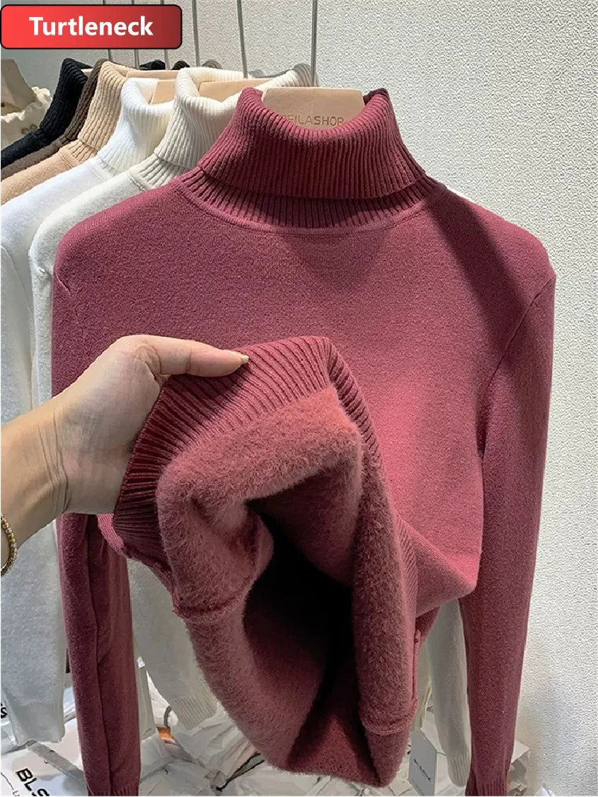 Women Velvet Turtleneck Knit Sweater