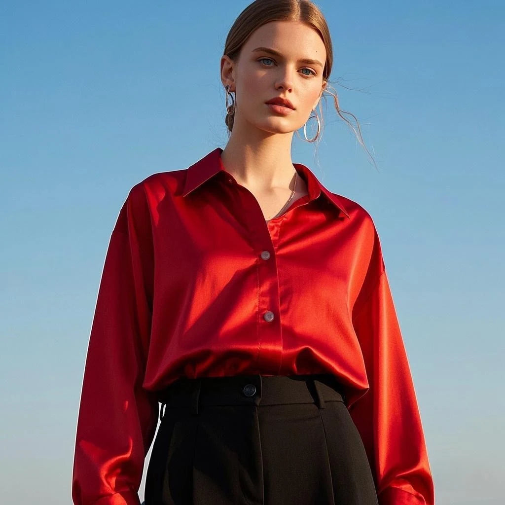 Women Satin Office Blouse Shirt