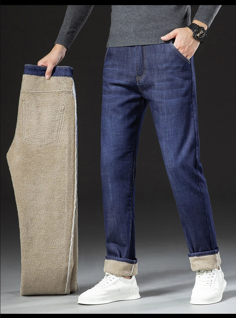 Men Winter Fleece-Lined Denim Pants