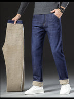Men Winter Fleece-Lined Denim Pants