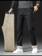 Men Winter Fleece-Lined Denim Pants