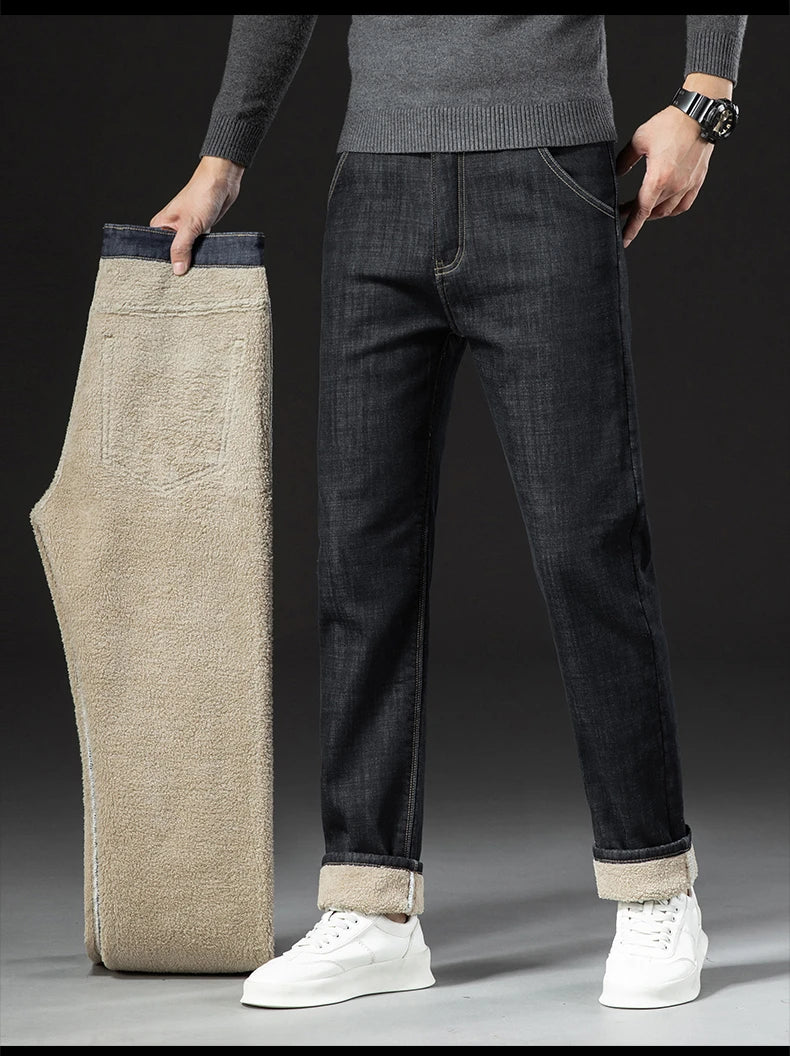 Men Winter Fleece-Lined Denim Pants