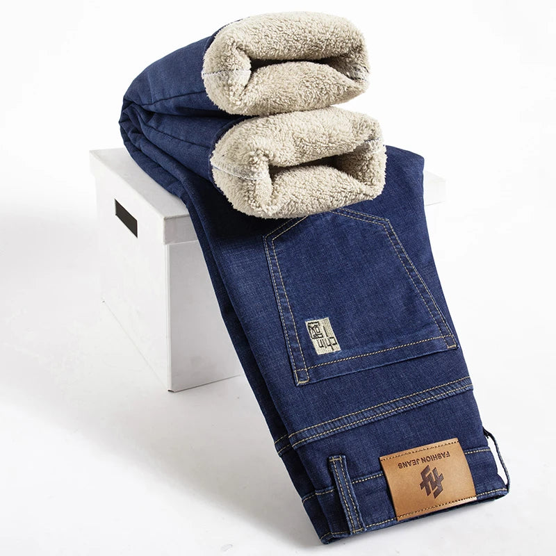 Men Winter Fleece-Lined Denim Pants