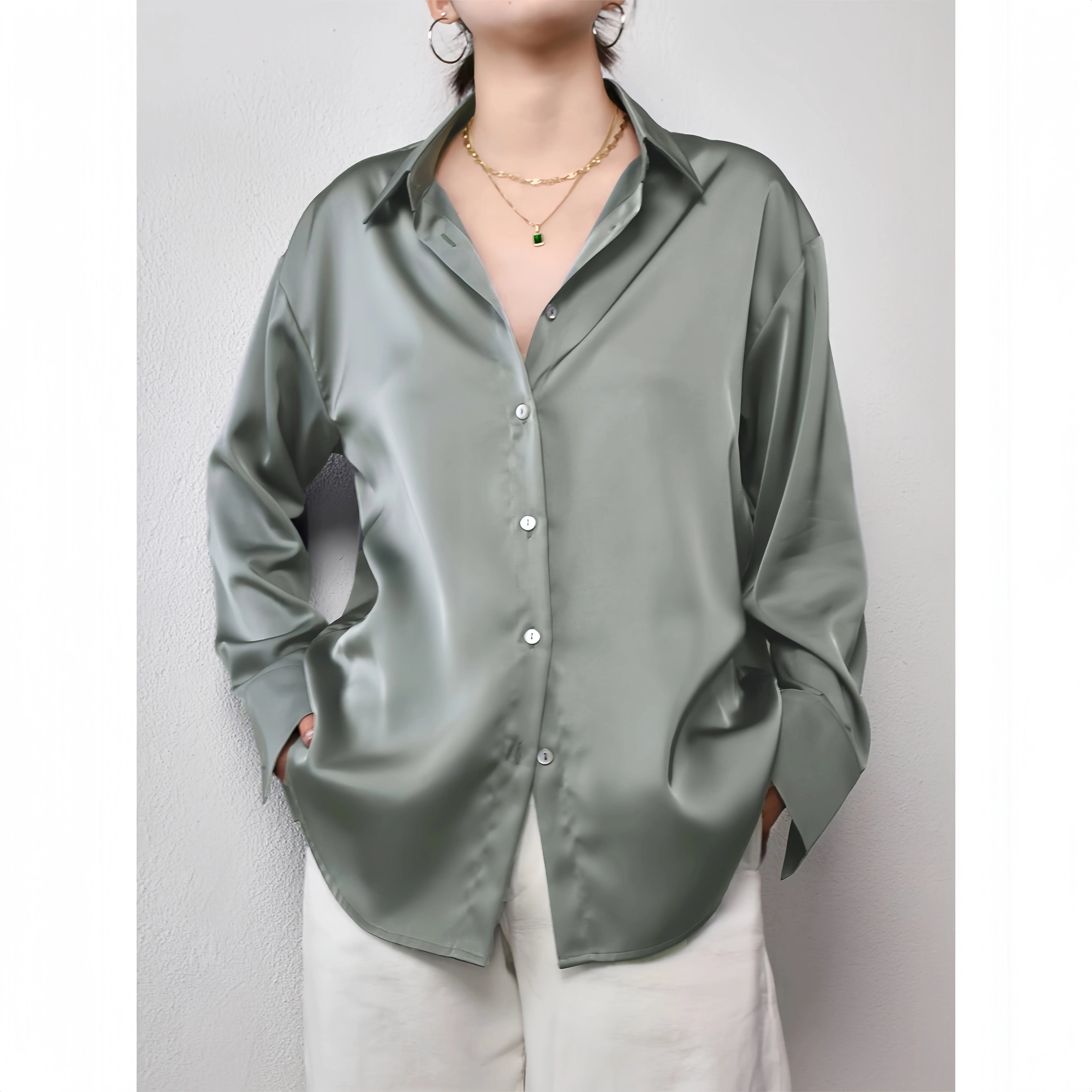Women Satin Office Blouse Shirt