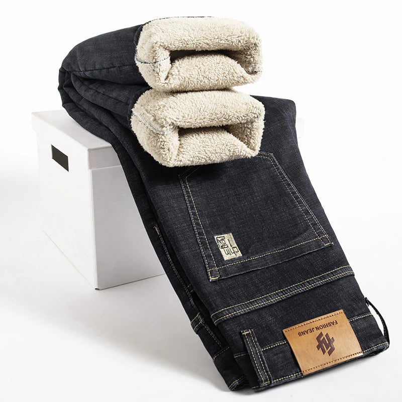 Men Winter Fleece-Lined Denim Pants
