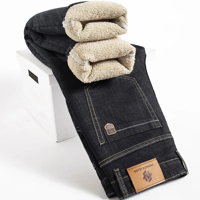 Men Winter Fleece-Lined Denim Pants