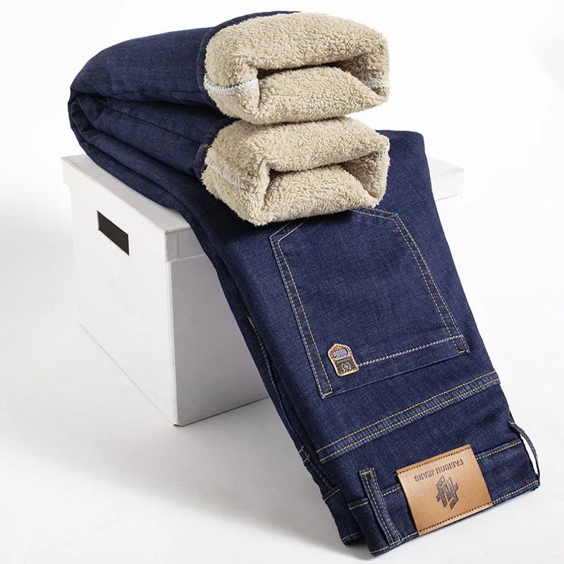 Men Winter Fleece-Lined Denim Pants
