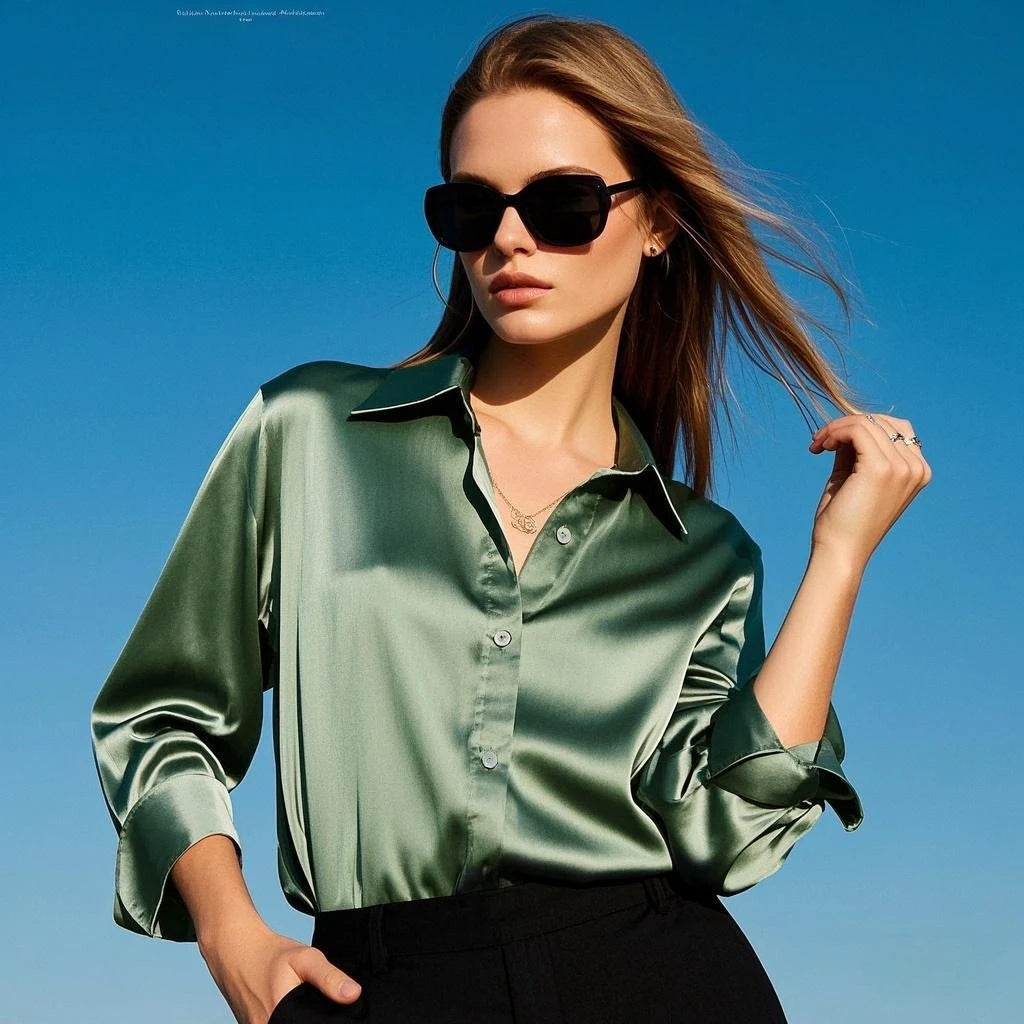 Women Satin Office Blouse Shirt